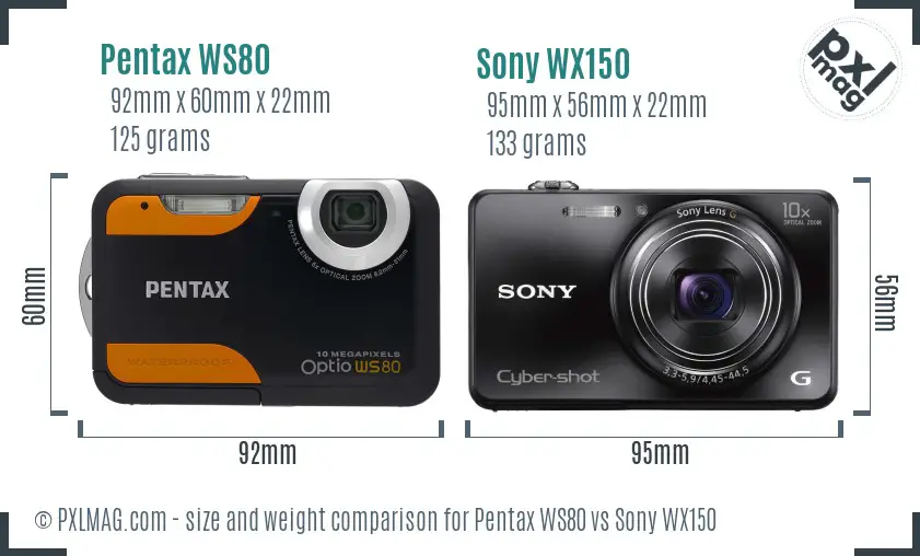 Pentax WS80 vs Sony WX150 size comparison