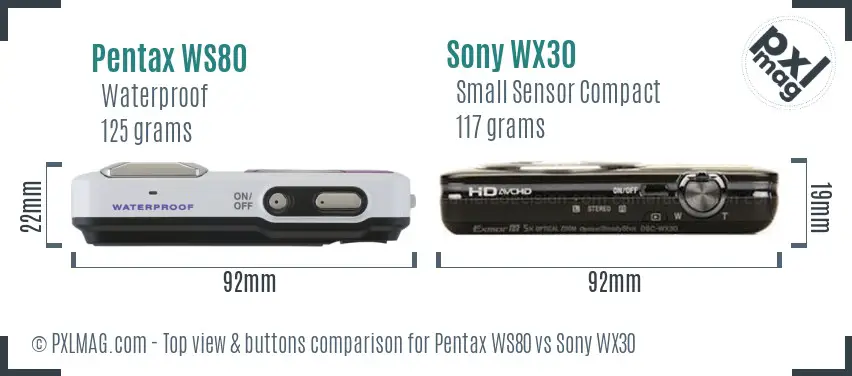 Pentax WS80 vs Sony WX30 top view buttons comparison