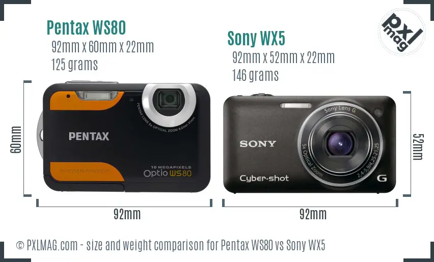 Pentax WS80 vs Sony WX5 size comparison