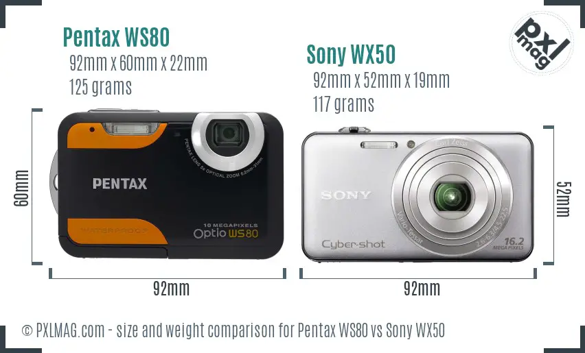 Pentax WS80 vs Sony WX50 size comparison