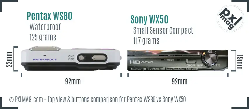Pentax WS80 vs Sony WX50 top view buttons comparison