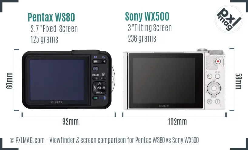 Pentax WS80 vs Sony WX500 Screen and Viewfinder comparison