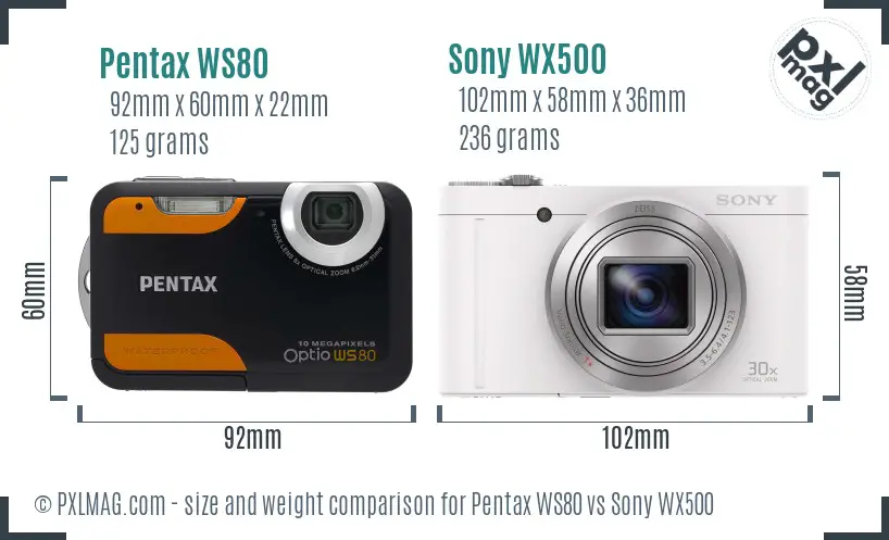 Pentax WS80 vs Sony WX500 size comparison