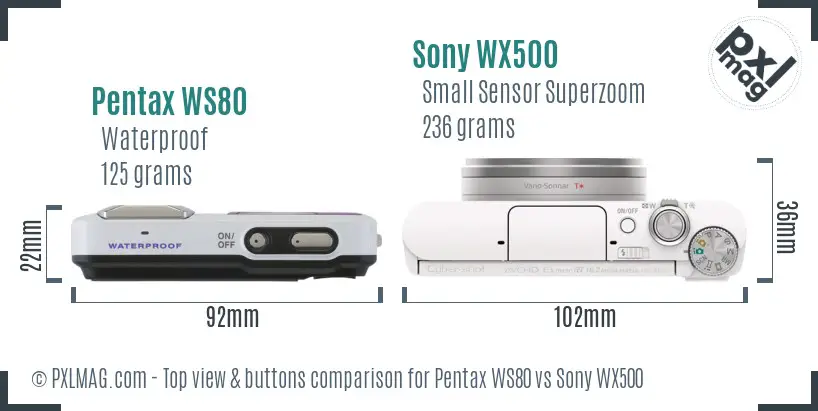 Pentax WS80 vs Sony WX500 top view buttons comparison