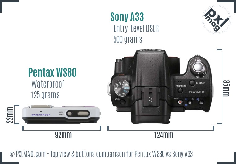Pentax WS80 vs Sony A33 top view buttons comparison