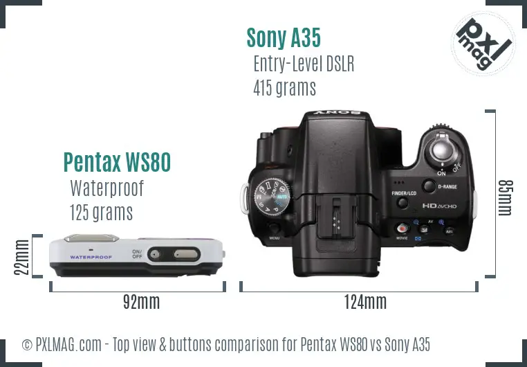 Pentax WS80 vs Sony A35 top view buttons comparison Pentax WS80 vs Sony A35 top view buttons comparison