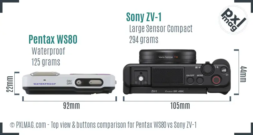Pentax WS80 vs Sony ZV-1 top view buttons comparison Pentax WS80 vs Sony ZV-1 top view buttons comparison