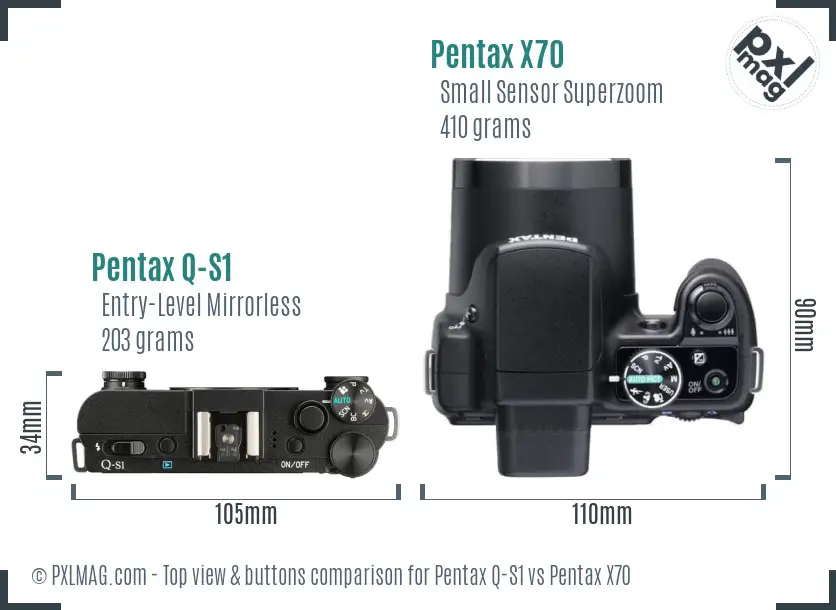 Pentax Q-S1 vs Pentax X70 top view buttons comparison