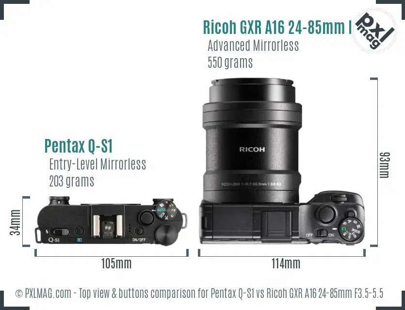 Pentax Q-S1 vs Ricoh GXR A16 24-85mm F3.5-5.5 top view buttons comparison