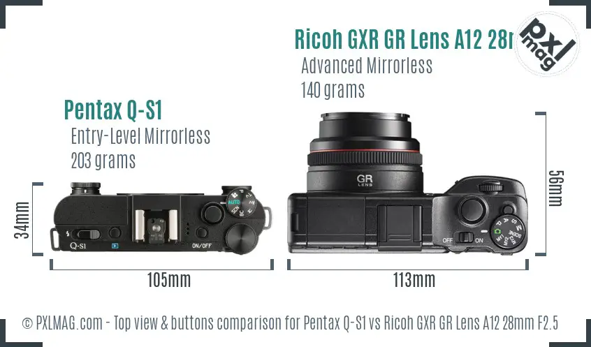 Pentax Q-S1 vs Ricoh GXR GR Lens A12 28mm F2.5 top view buttons comparison Pentax Q-S1 vs Ricoh GXR GR Lens A12 28mm F2.5 top view buttons comparison