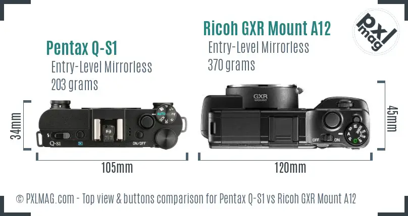 Pentax Q-S1 vs Ricoh GXR Mount A12 top view buttons comparison Pentax Q-S1 vs Ricoh GXR Mount A12 top view buttons comparison