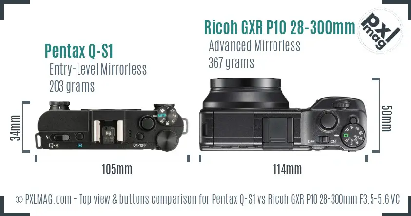 Pentax Q-S1 vs Ricoh GXR P10 28-300mm F3.5-5.6 VC top view buttons comparison