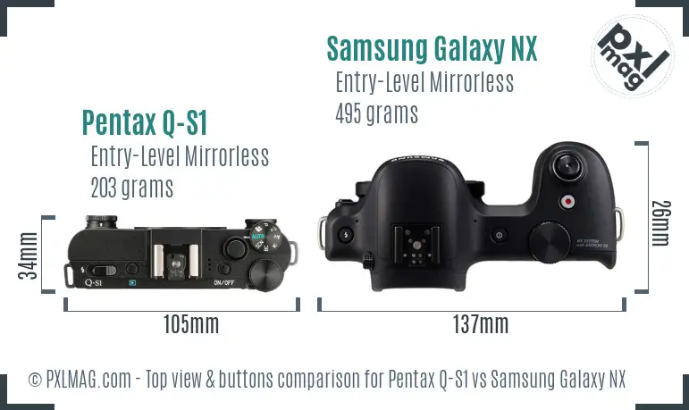 Pentax Q-S1 vs Samsung Galaxy NX top view buttons comparison