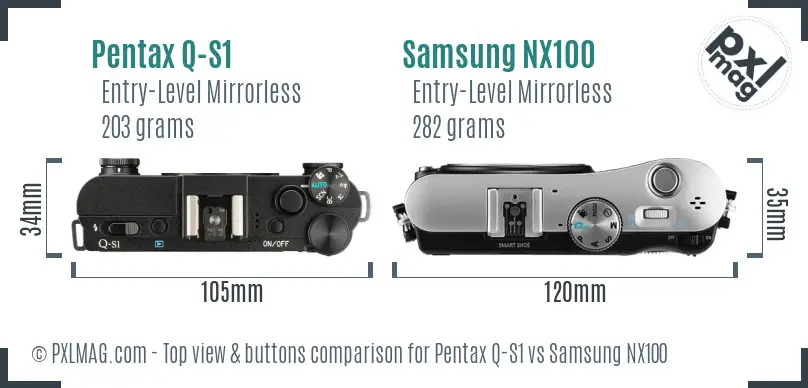 Pentax Q-S1 vs Samsung NX100 top view buttons comparison