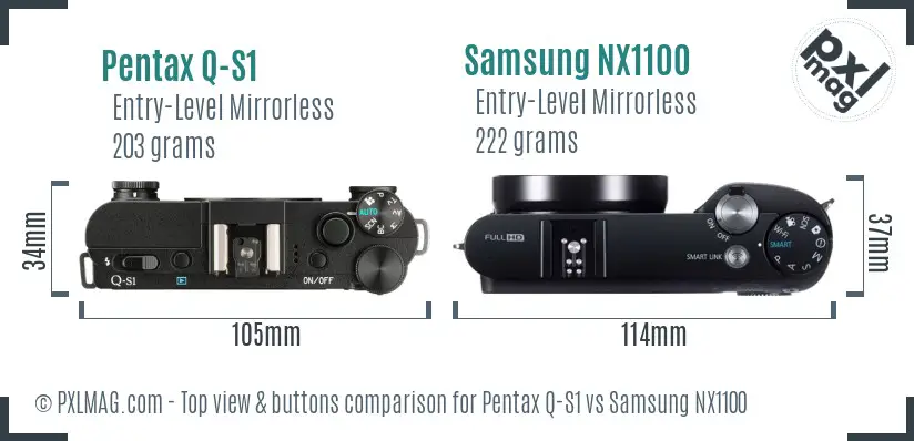 Pentax Q-S1 vs Samsung NX1100 top view buttons comparison