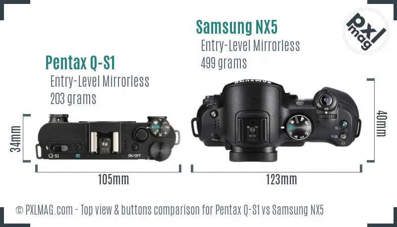 Pentax Q-S1 vs Samsung NX5 top view buttons comparison