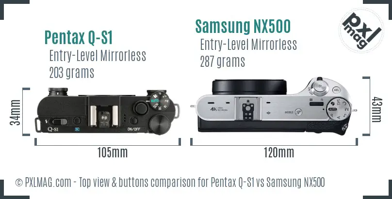 Pentax Q-S1 vs Samsung NX500 top view buttons comparison