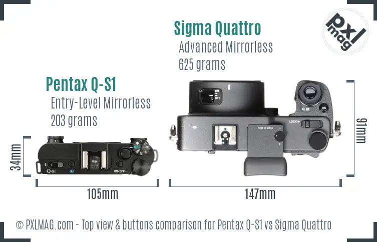 Pentax Q-S1 vs Sigma Quattro top view buttons comparison Pentax Q-S1 vs Sigma Quattro top view buttons comparison