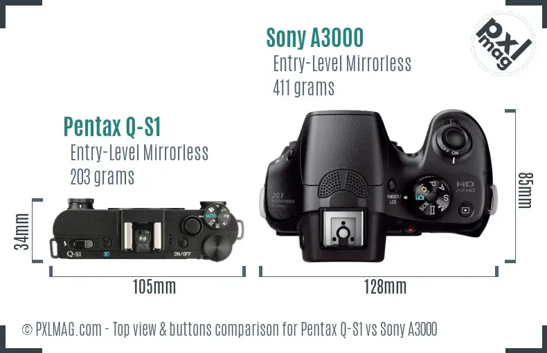 Pentax Q-S1 vs Sony A3000 top view buttons comparison