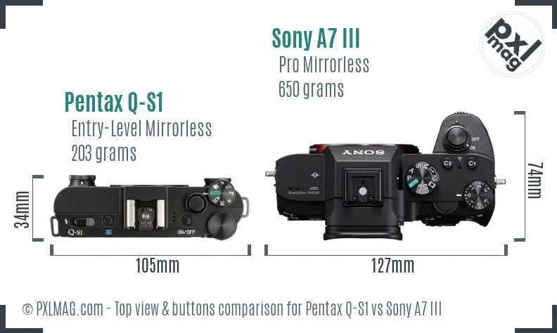 Pentax Q-S1 vs Sony A7 III top view buttons comparison