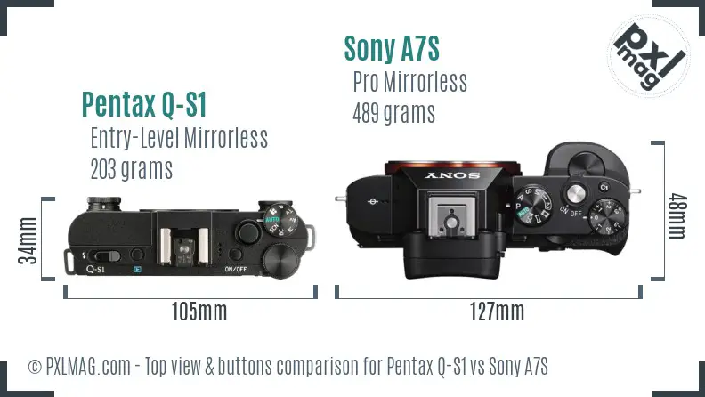 Pentax Q-S1 vs Sony A7S top view buttons comparison