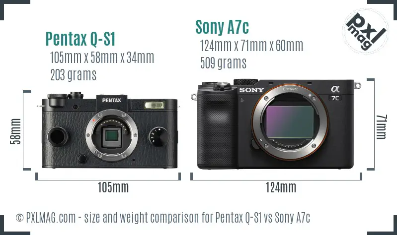 Pentax Q-S1 vs Sony A7c size comparison