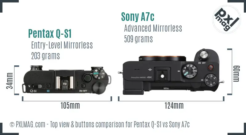 Pentax Q-S1 vs Sony A7c top view buttons comparison