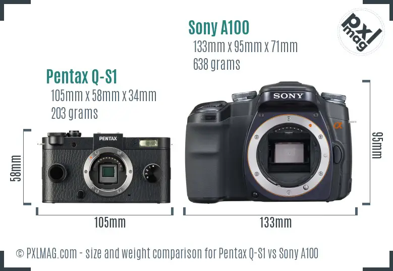 Pentax Q-S1 vs Sony A100 size comparison Pentax Q-S1 vs Sony A100 size comparison