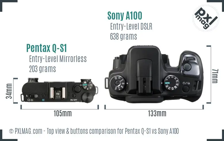 Pentax Q-S1 vs Sony A100 top view buttons comparison Pentax Q-S1 vs Sony A100 top view buttons comparison
