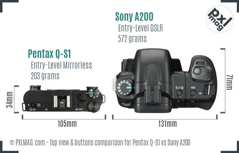 Pentax Q-S1 vs Sony A200 top view buttons comparison