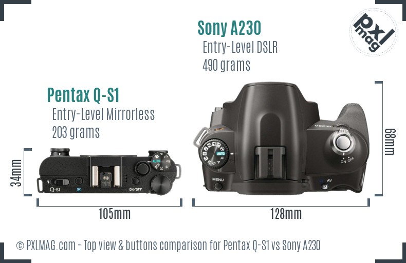 Pentax Q-S1 vs Sony A230 top view buttons comparison