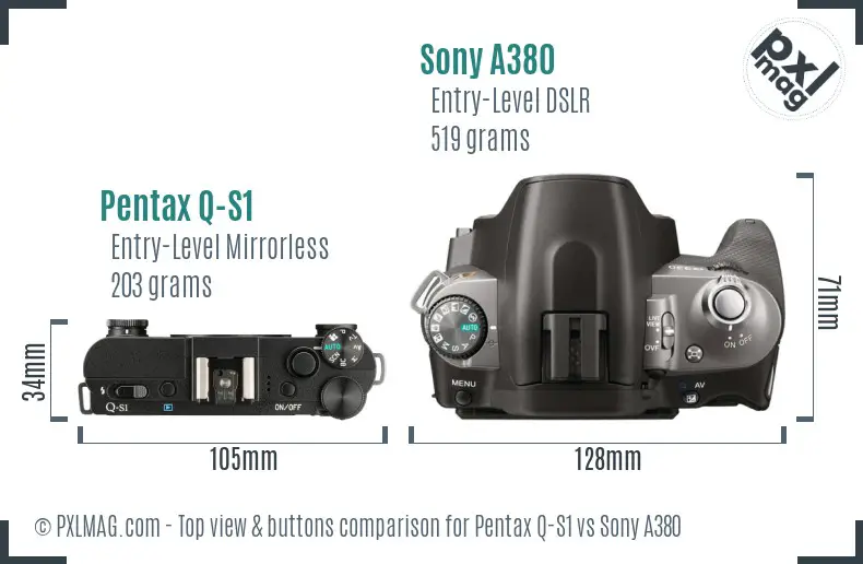 Pentax Q-S1 vs Sony A380 top view buttons comparison