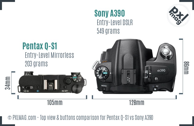 Pentax Q-S1 vs Sony A390 top view buttons comparison