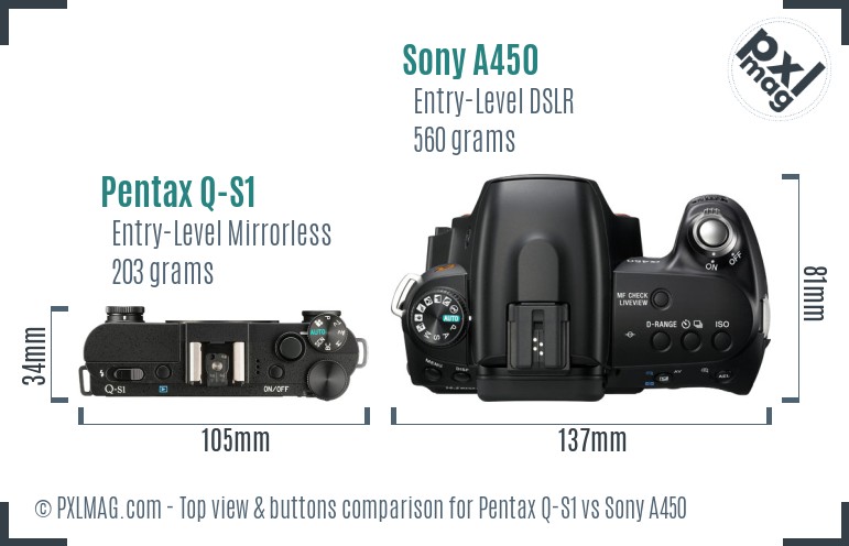 Pentax Q-S1 vs Sony A450 top view buttons comparison