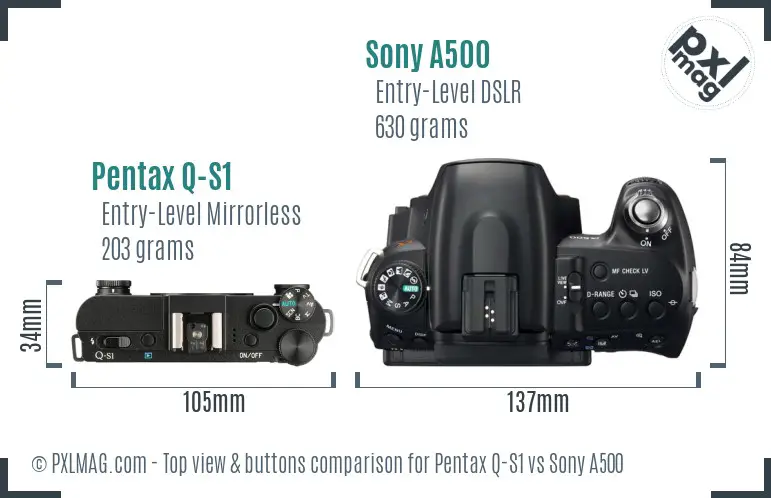 Pentax Q-S1 vs Sony A500 top view buttons comparison