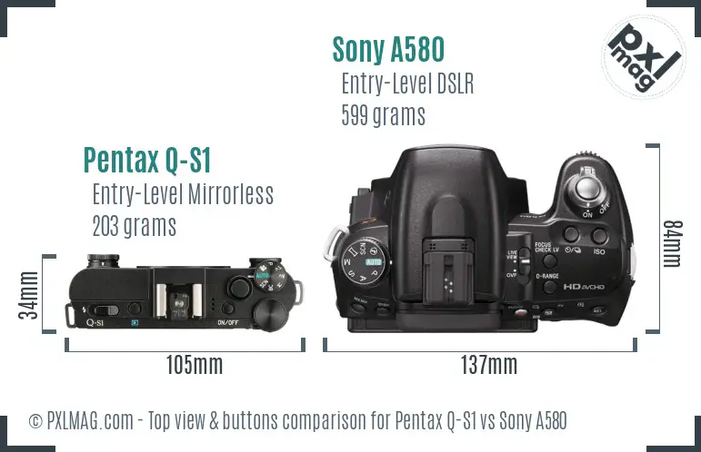 Pentax Q-S1 vs Sony A580 top view buttons comparison