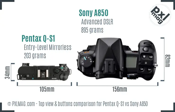 Pentax Q-S1 vs Sony A850 top view buttons comparison Pentax Q-S1 vs Sony A850 top view buttons comparison