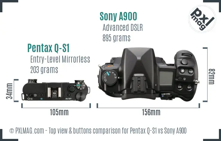 Pentax Q-S1 vs Sony A900 top view buttons comparison