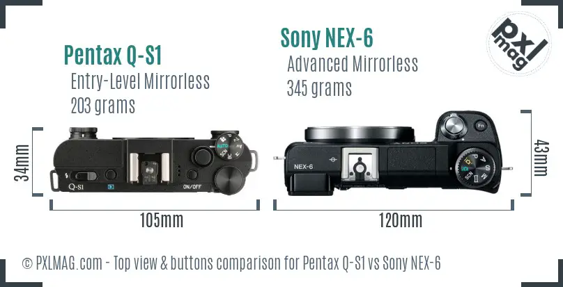 Pentax Q-S1 vs Sony NEX-6 top view buttons comparison Pentax Q-S1 vs Sony NEX-6 top view buttons comparison