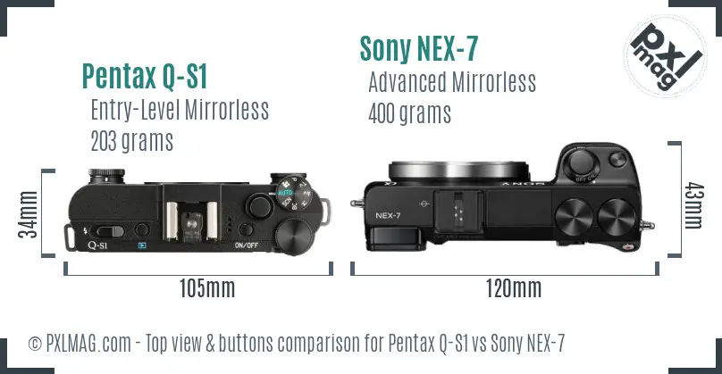 Pentax Q-S1 vs Sony NEX-7 top view buttons comparison