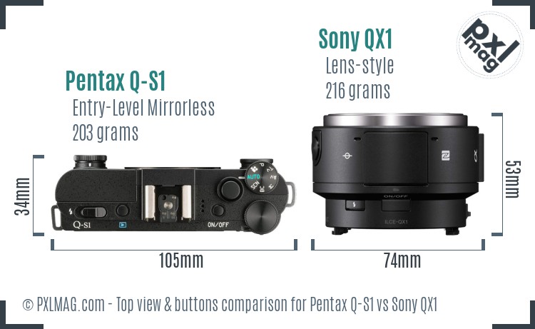 Pentax Q-S1 vs Sony QX1 top view buttons comparison