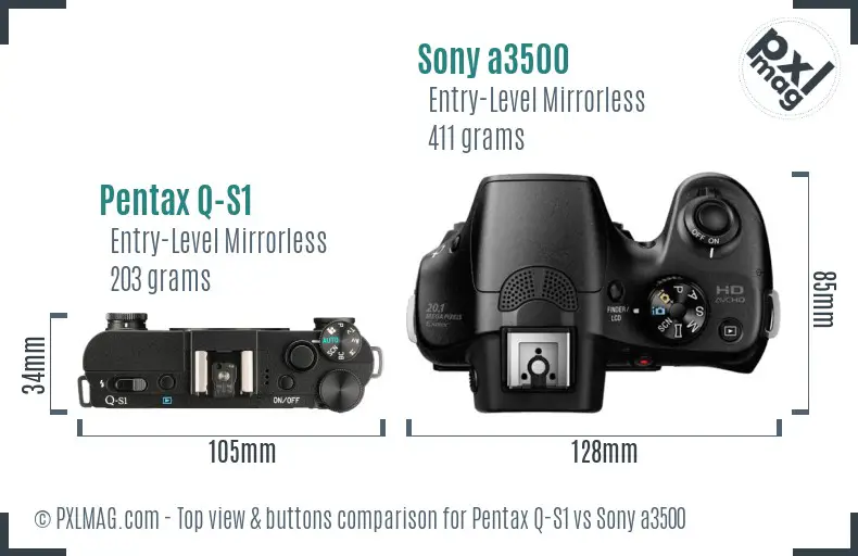 Pentax Q-S1 vs Sony a3500 top view buttons comparison