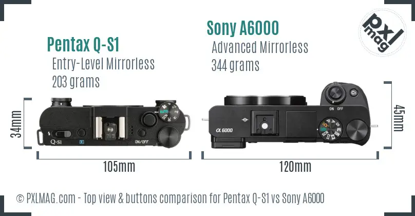 Pentax Q-S1 vs Sony A6000 top view buttons comparison Pentax Q-S1 vs Sony A6000 top view buttons comparison