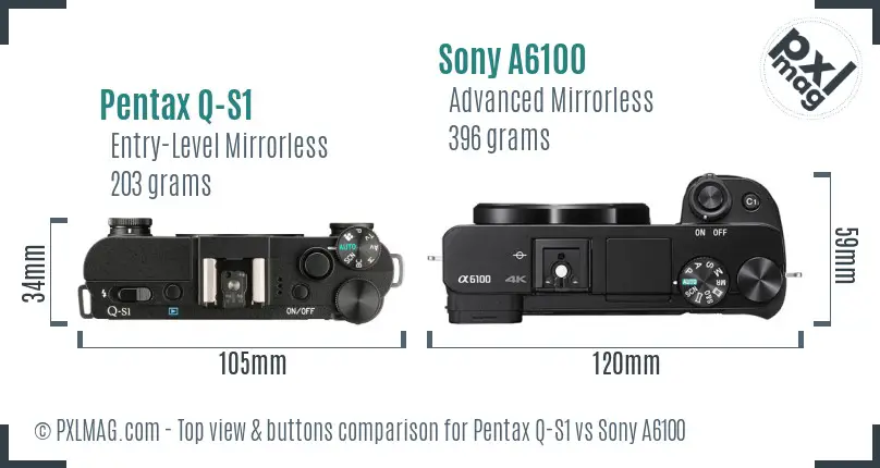 Pentax Q-S1 vs Sony A6100 top view buttons comparison Pentax Q-S1 vs Sony A6100 top view buttons comparison