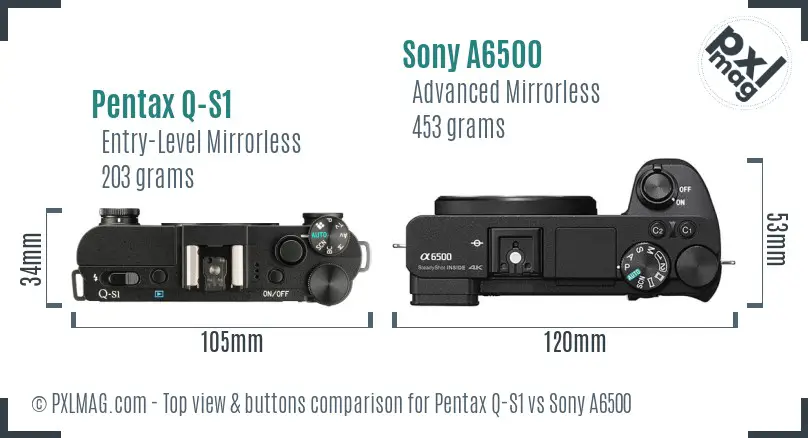 Pentax Q-S1 vs Sony A6500 top view buttons comparison