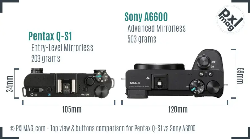 Pentax Q-S1 vs Sony A6600 top view buttons comparison Pentax Q-S1 vs Sony A6600 top view buttons comparison