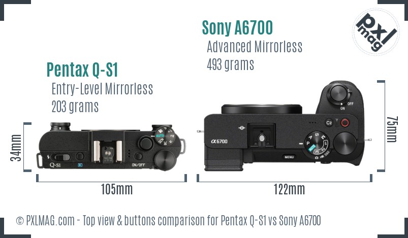 Pentax Q-S1 vs Sony A6700 top view buttons comparison