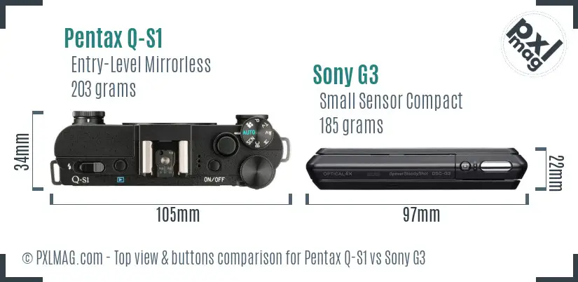 Pentax Q-S1 vs Sony G3 top view buttons comparison Pentax Q-S1 vs Sony G3 top view buttons comparison