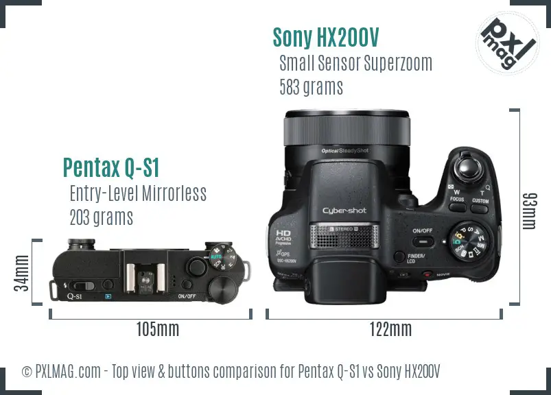 Pentax Q-S1 vs Sony HX200V top view buttons comparison