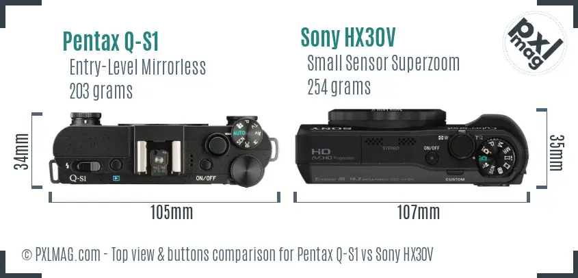Pentax Q-S1 vs Sony HX30V top view buttons comparison